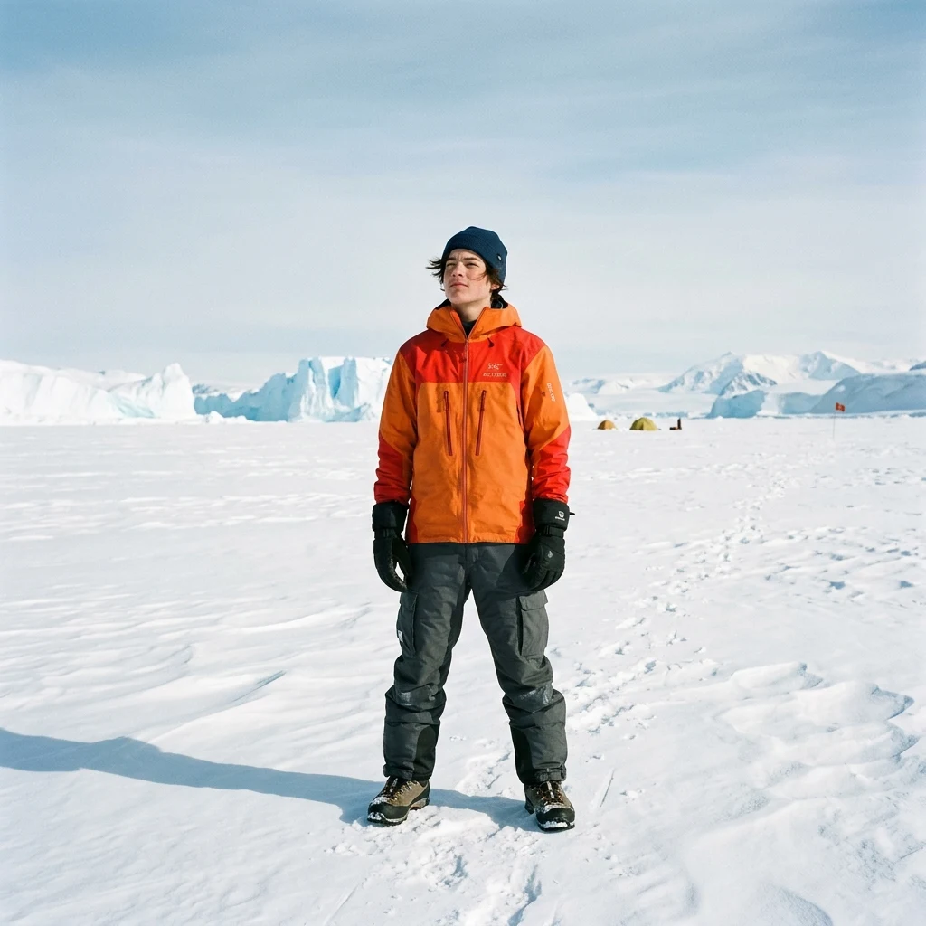Explorer in a vast snowy arctic landscape