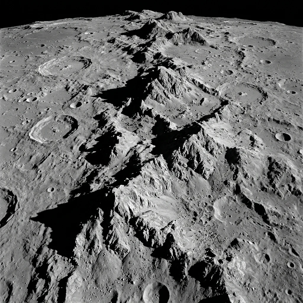 A telescopic orbital view looking straight down at the Montes Apenninus mountain arc