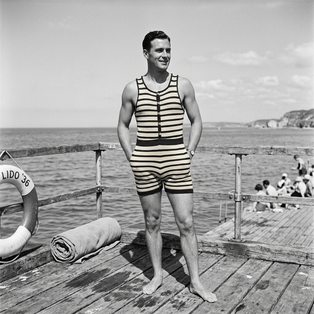 A 1930s gentleman in a two-piece striped knitted swim suit with a tank top connected to…