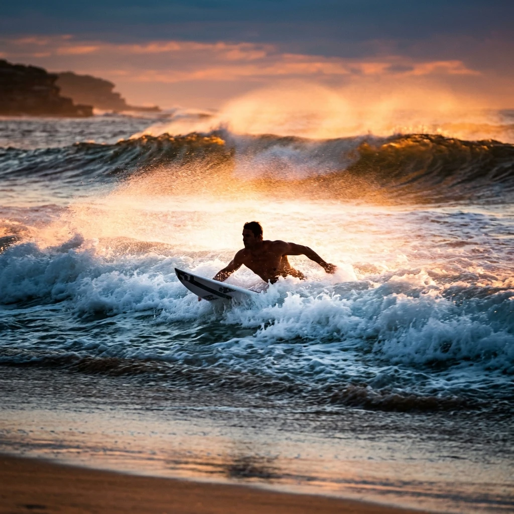 A 32-year-old male surfer in boardshorts paddling out through whitewater at dawn