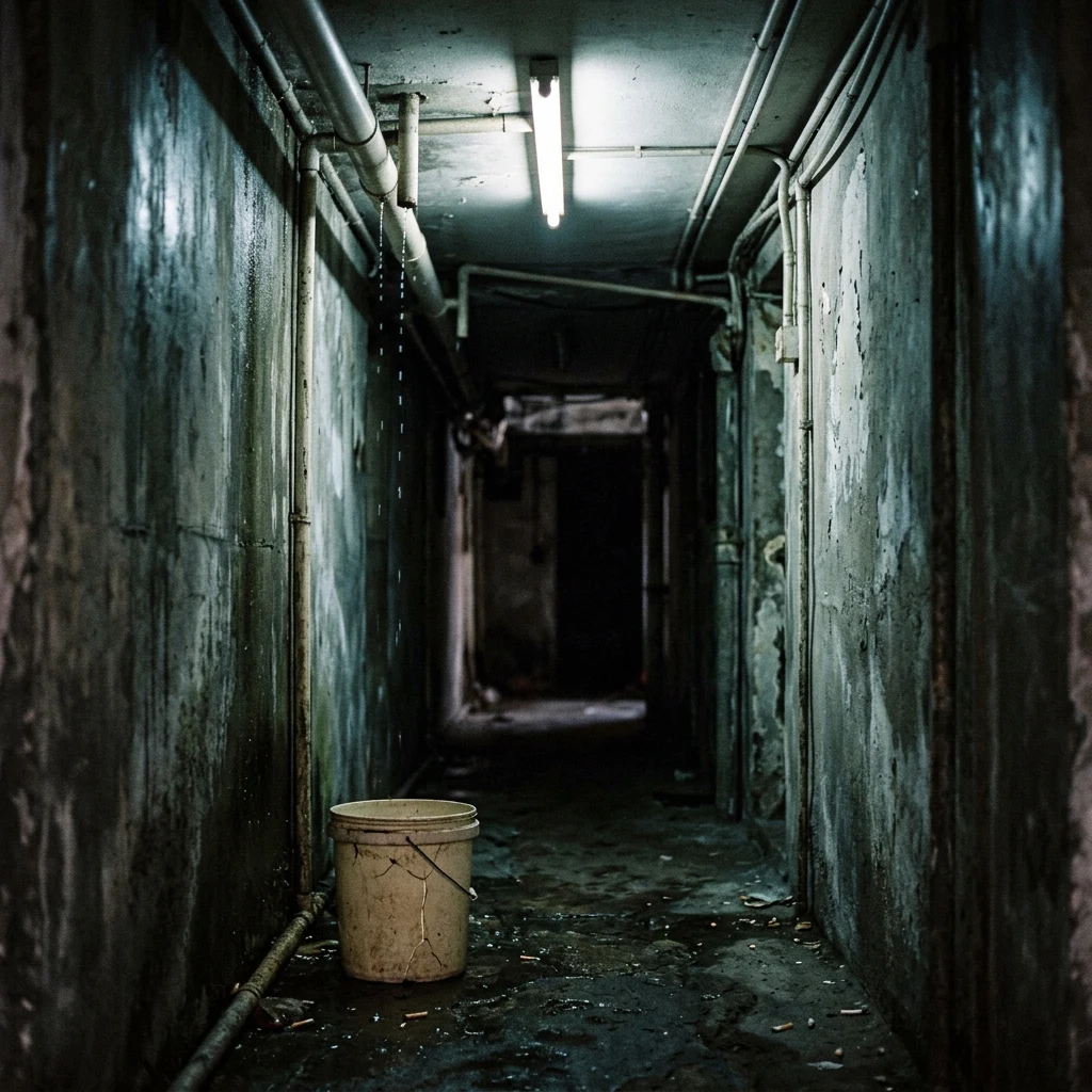 An unlit alleyway inside Kowloon Walled City at midday