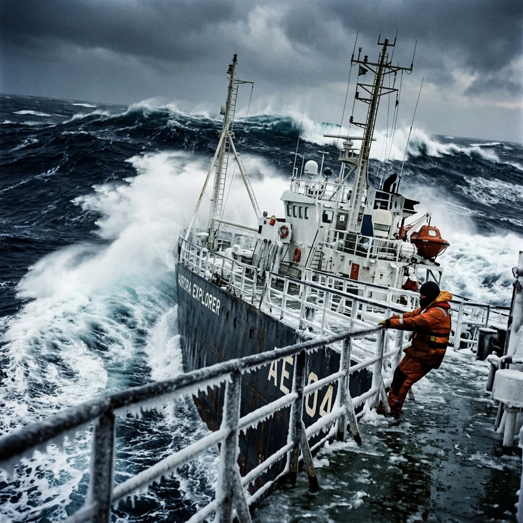 Research ship in the stormy ocean