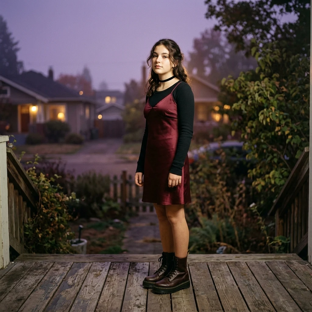 Person standing on a porch at twilight