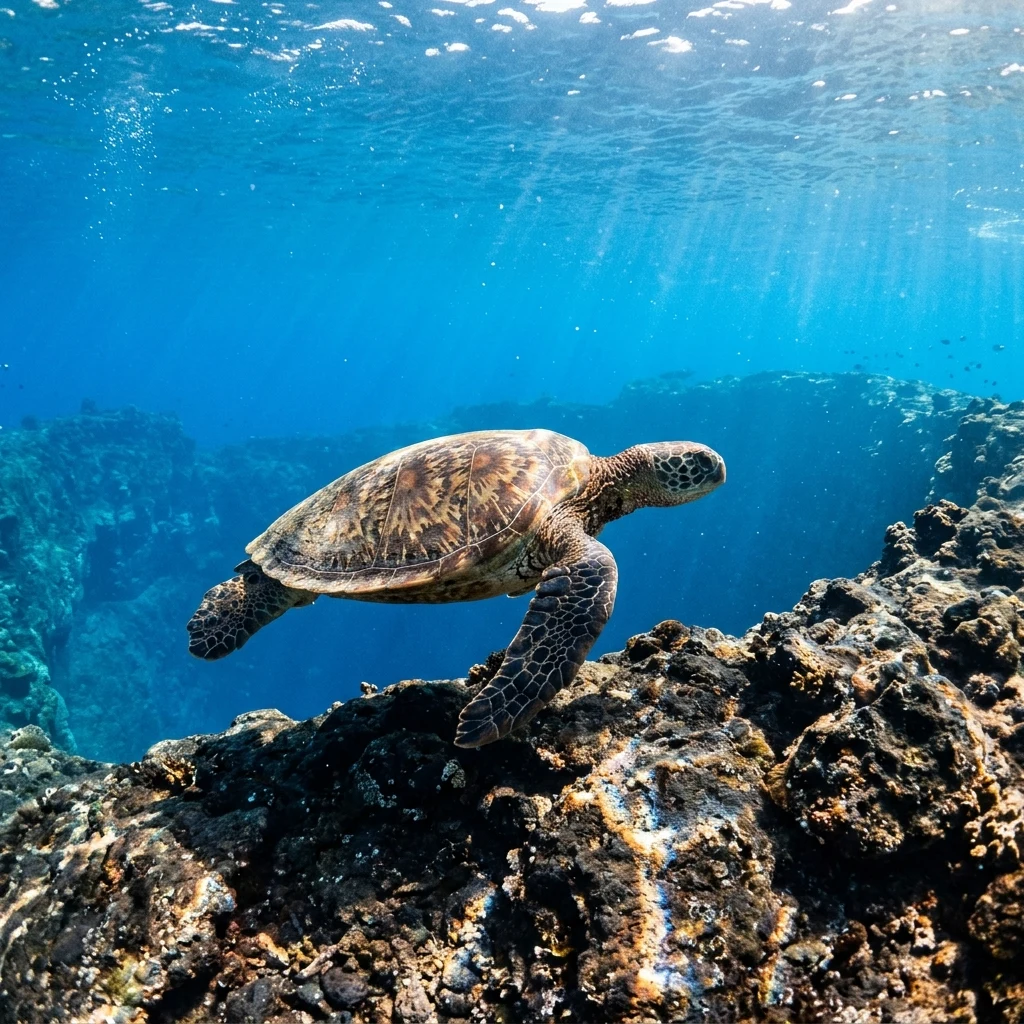 Sea turtle swimming near a volcanic reef