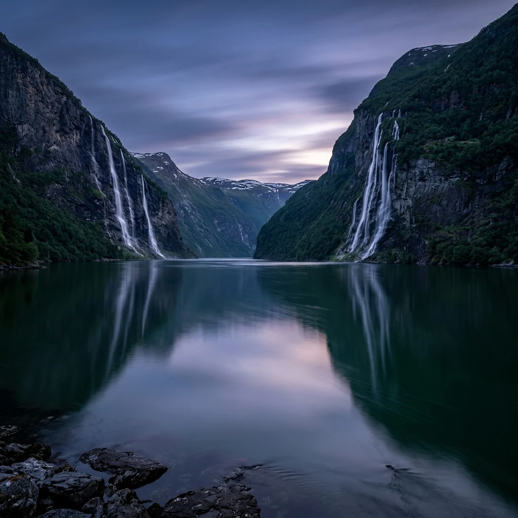 Waterfalls cascading down a deep fjord