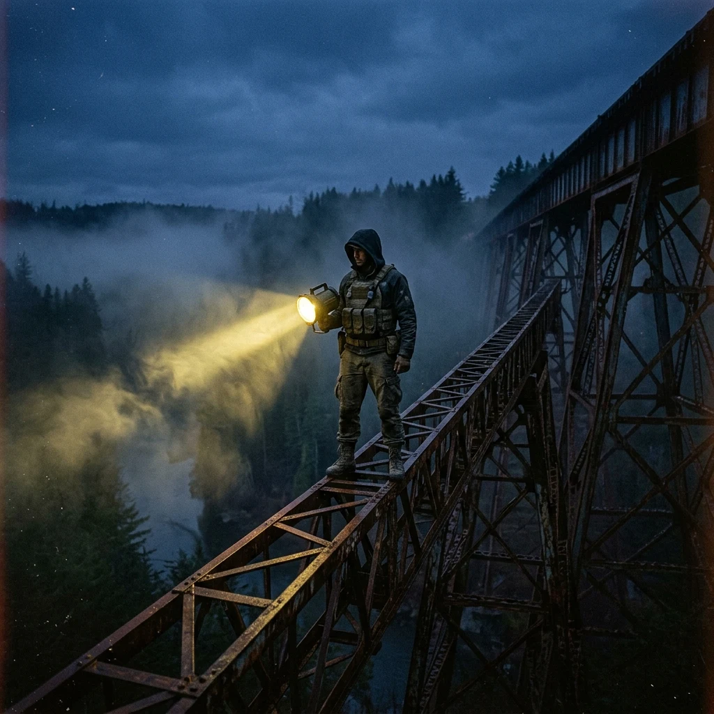 Sentry with a searchlight on a misty bridge