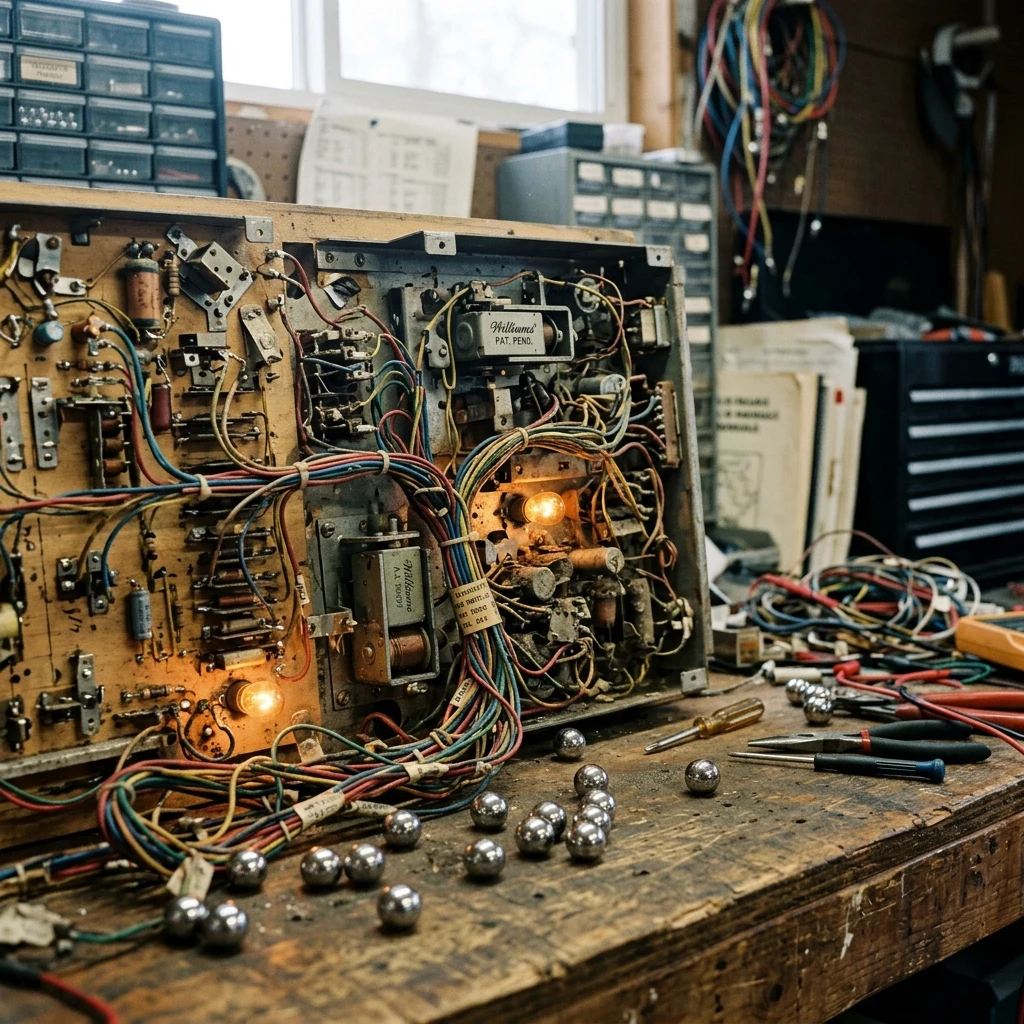 A vintage pinball repair workshop bench