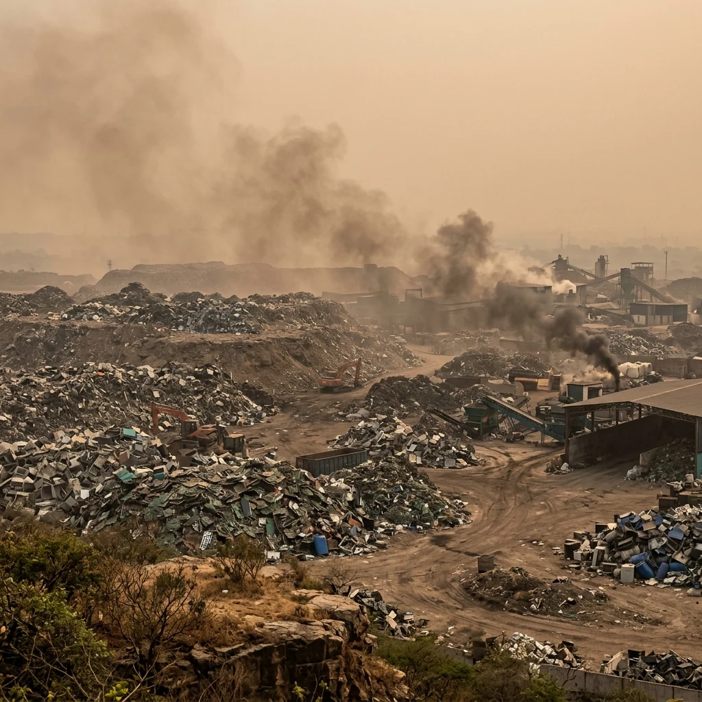 An e-waste sorting yard under brown smog haze