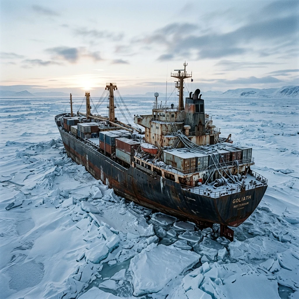 An abandoned cargo ship trapped and listing in a thick sheet of arctic sea ice