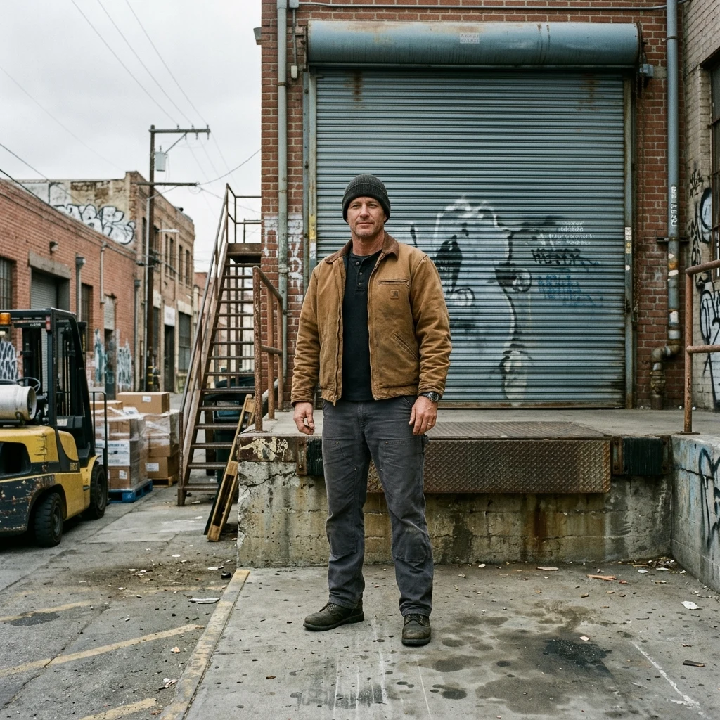 A man in a brown canvas work jacket