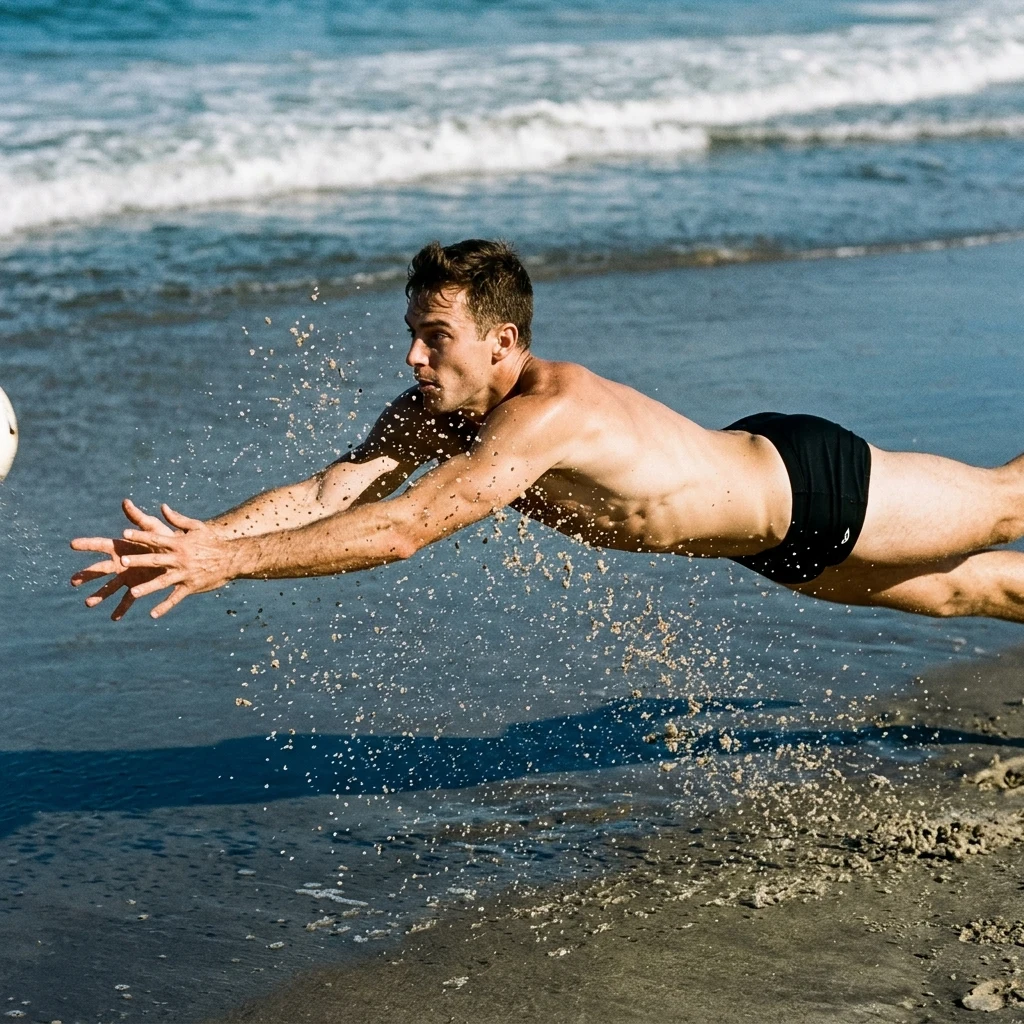 Dynamic dive onto the wet sandy shore
