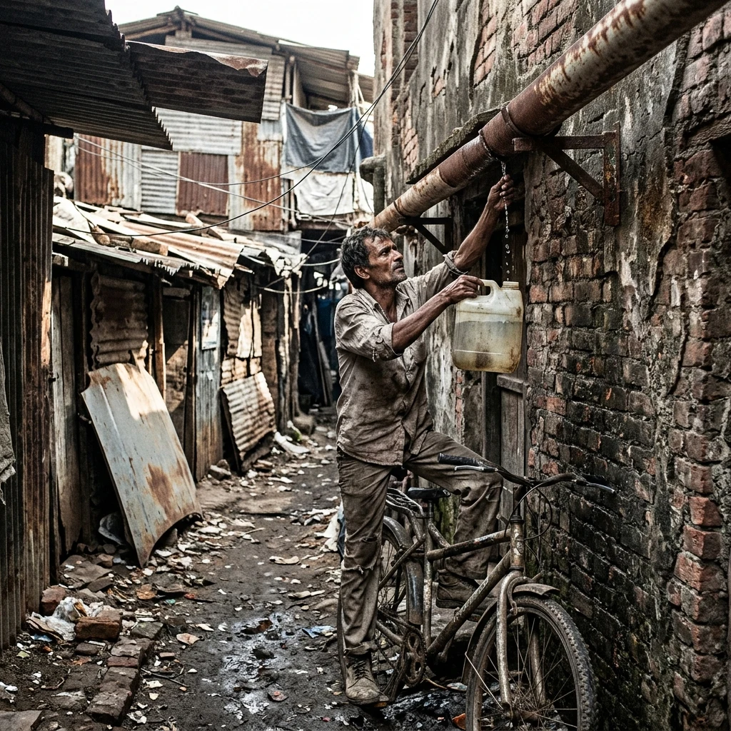 A survivor standing on a mountain bike pedal to reach a overhead rainwater gutter pipe in…