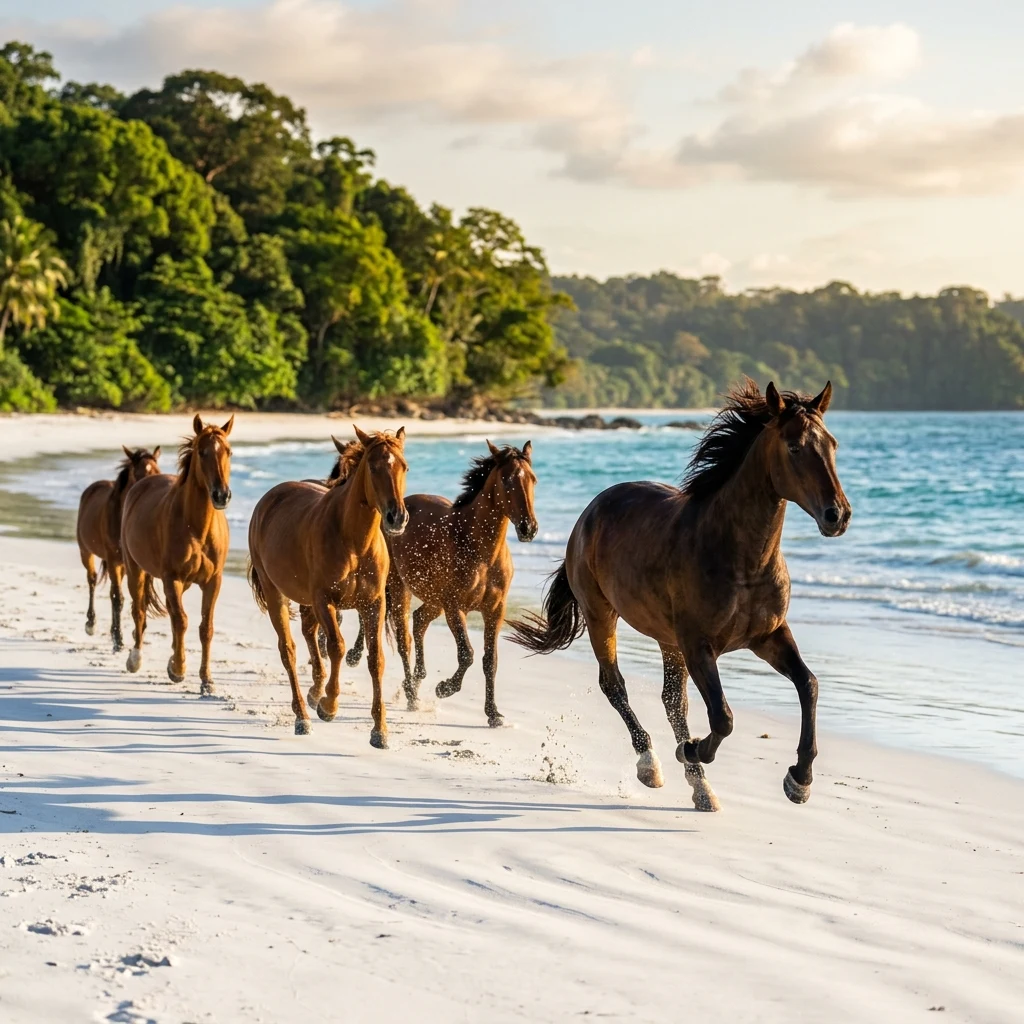 Wild horses running on the beach