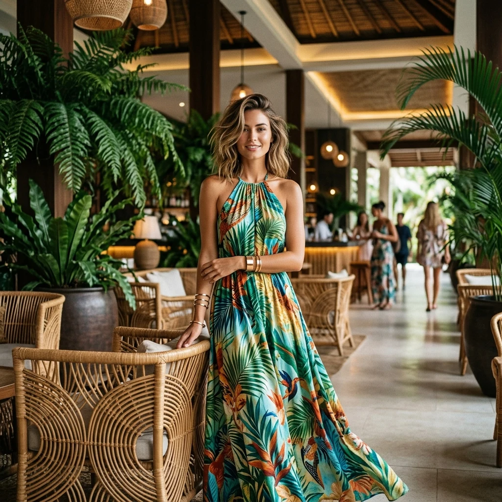 Elegant lobby with tropical plants