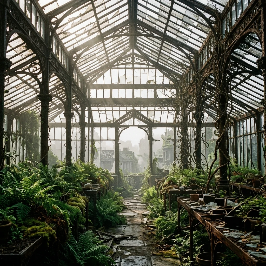 Overgrown greenhouse in the morning mist