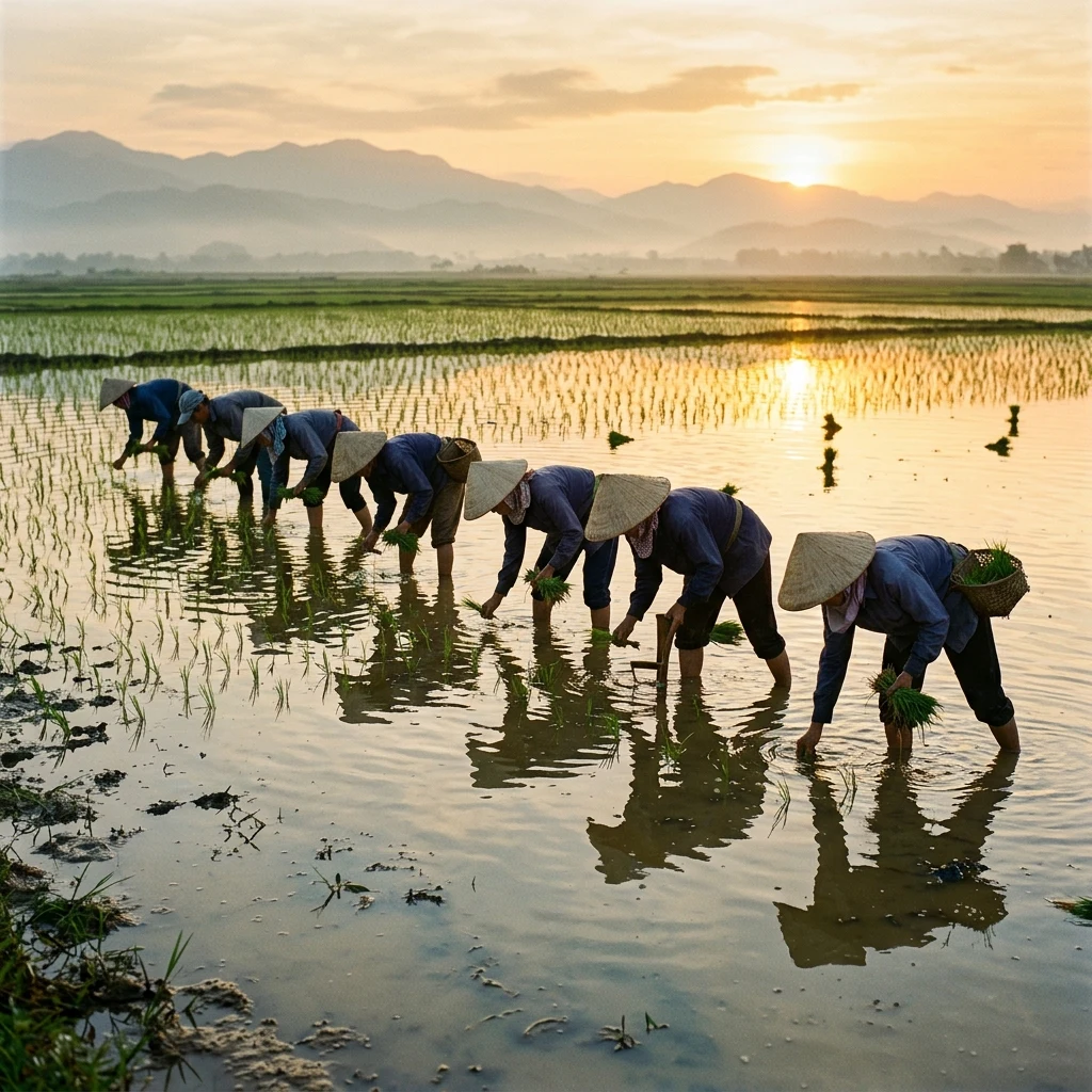 A hand-transplanting crew working a flooded paddy at low sun