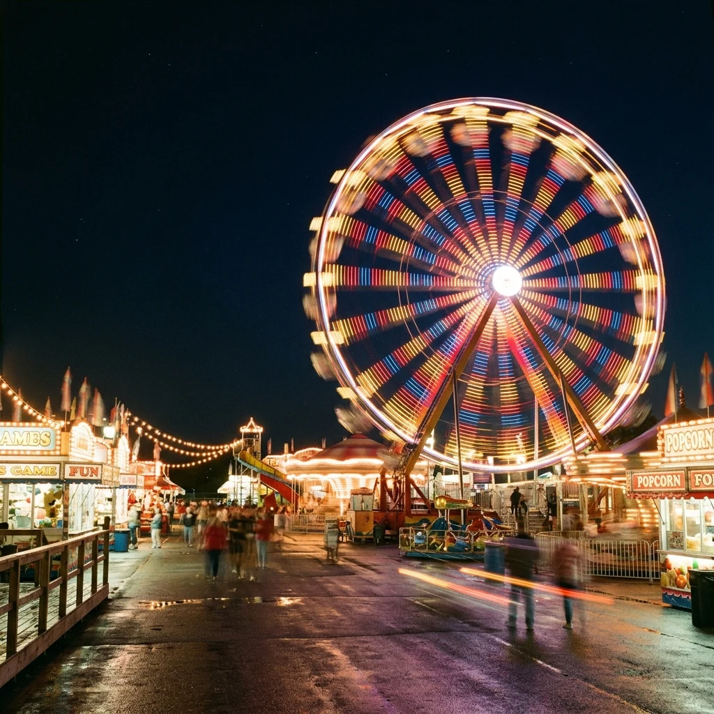 A nighttime shot of a retro carnival midway