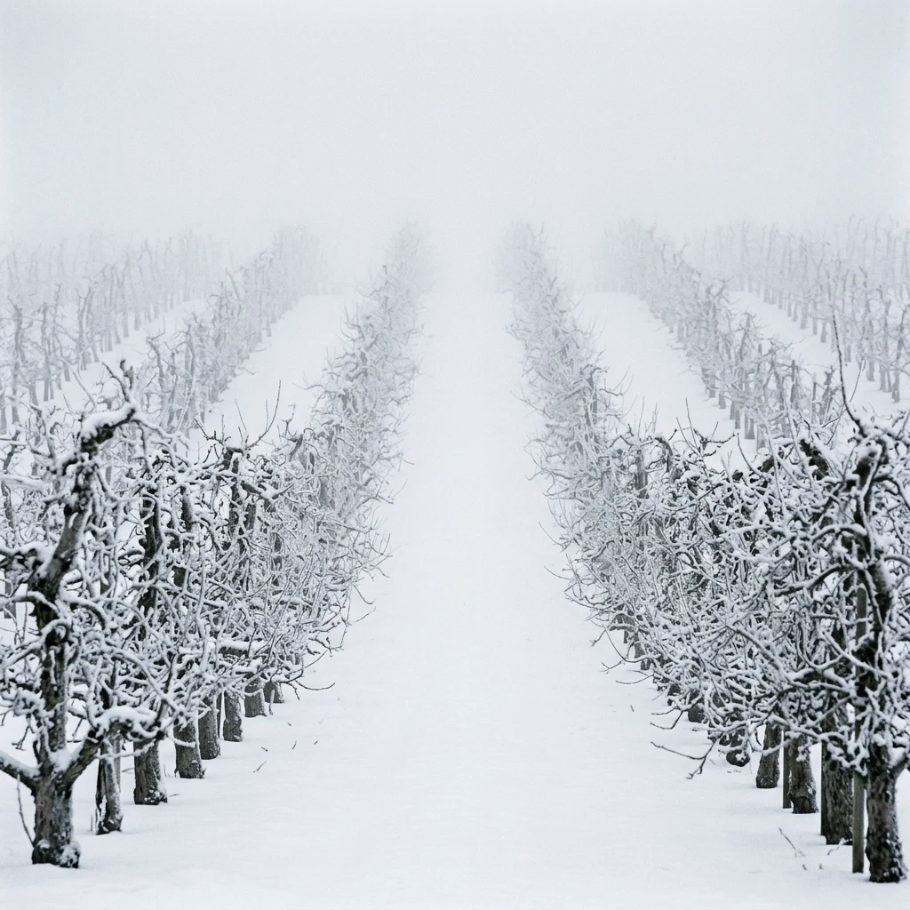 A snow-covered apple orchard in freezing fog