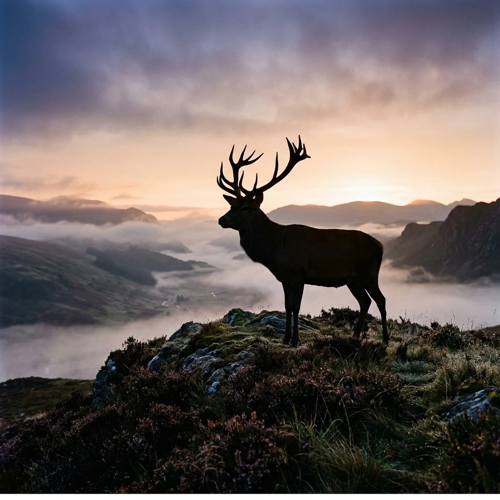 A stag with massive antlers standing on a heather-covered ridge in the Scottish Highlands…