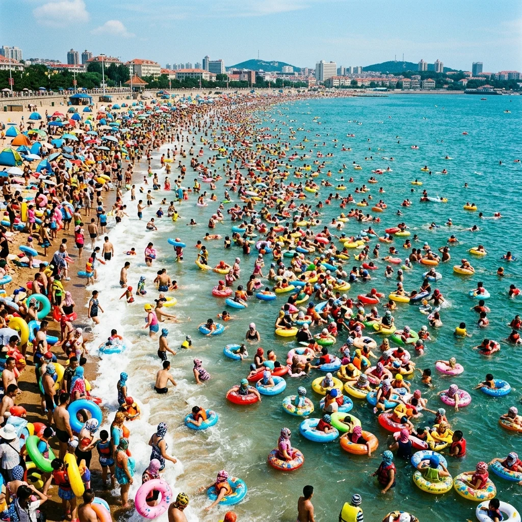 An intensely crowded summer beach in Qingdao
