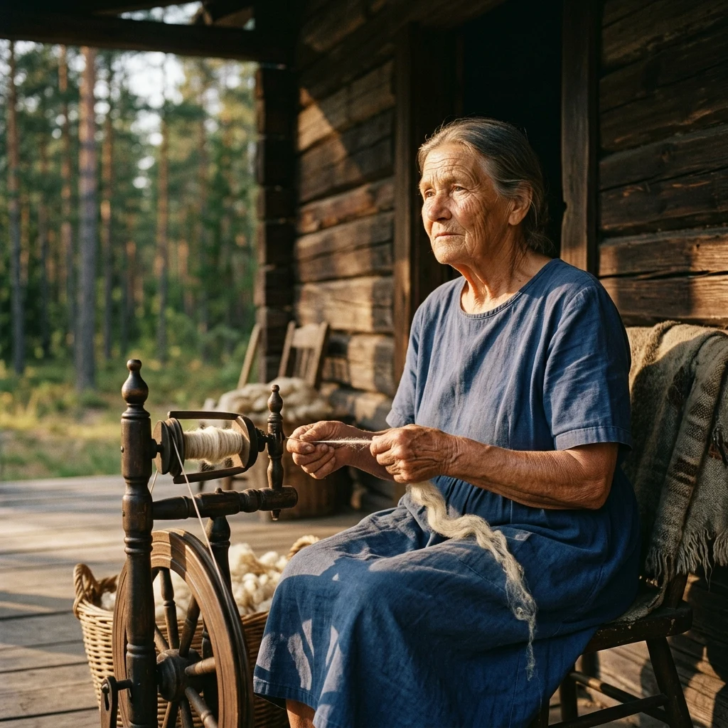 An elderly frontier woman sitting on a cabin porch spinning wool on a wooden wheel