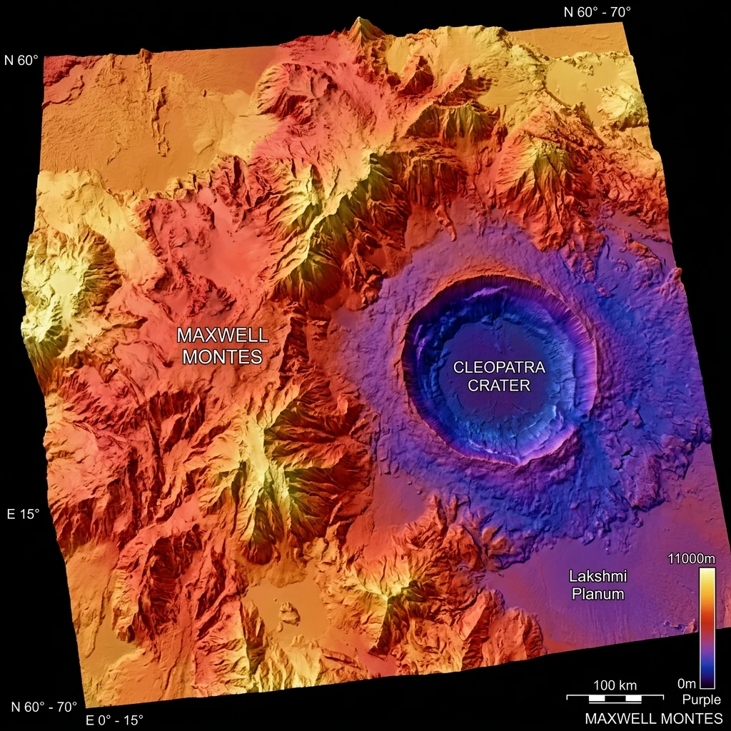 A false-color radar elevation map of Maxwell Montes