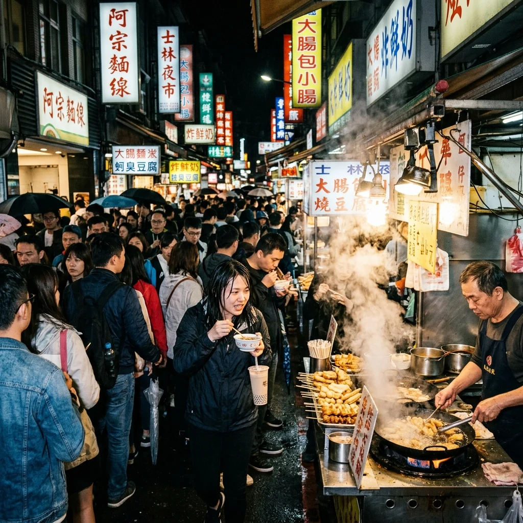 A bustling night market in Shilin