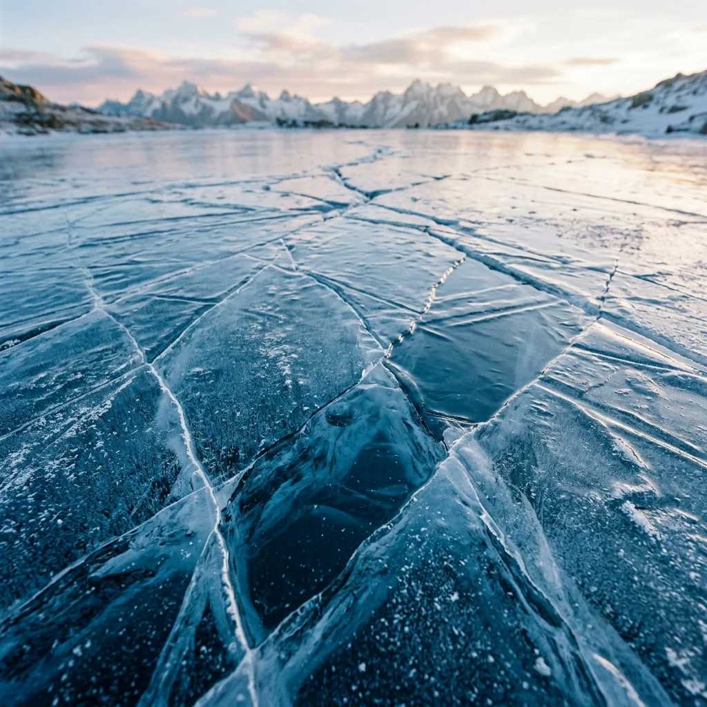 A frozen alpine tarn ice sheet cracking in geometric patterns at first light