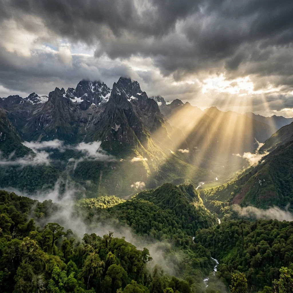 A National Geographic style epic landscape shot of jagged Andean peaks rising directly…