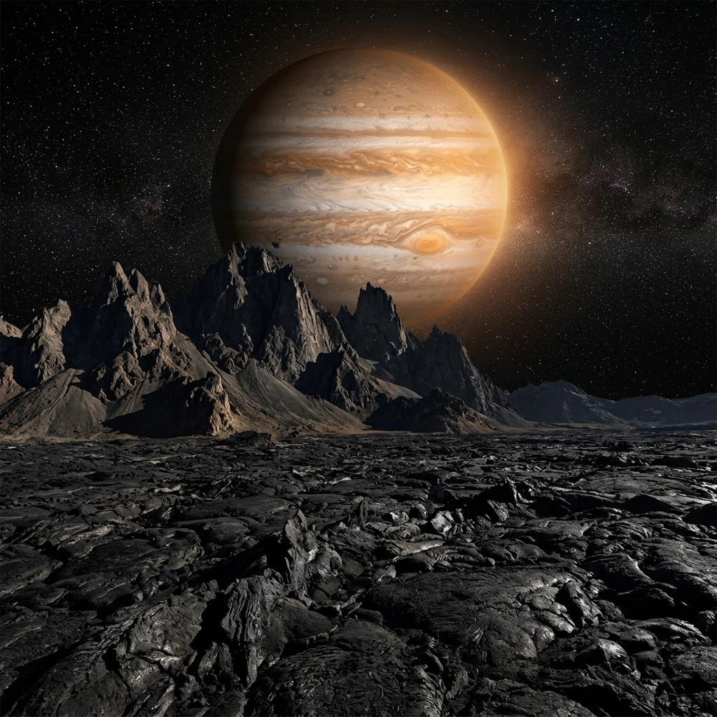Volcanic mountains under a giant planet