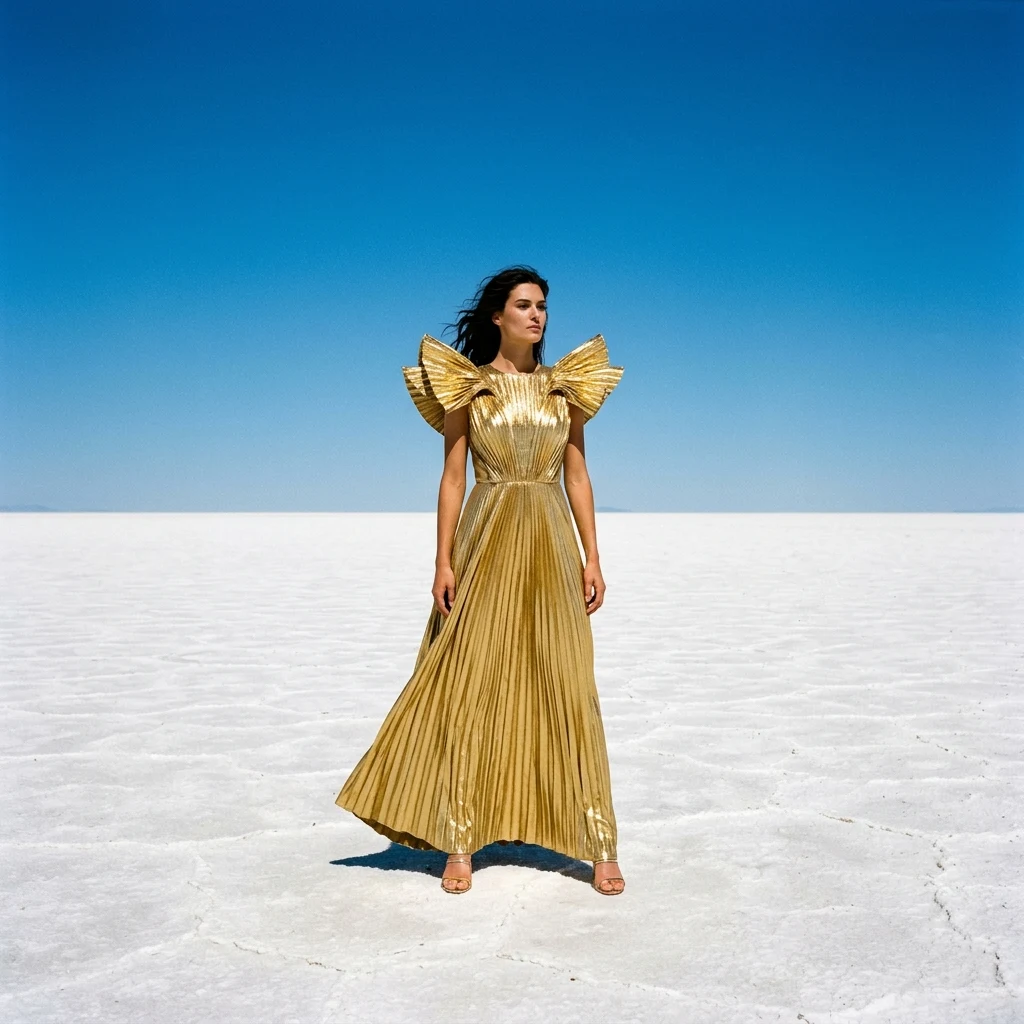 A futuristic metallic gold lame-pleated gown with winged shoulder accents