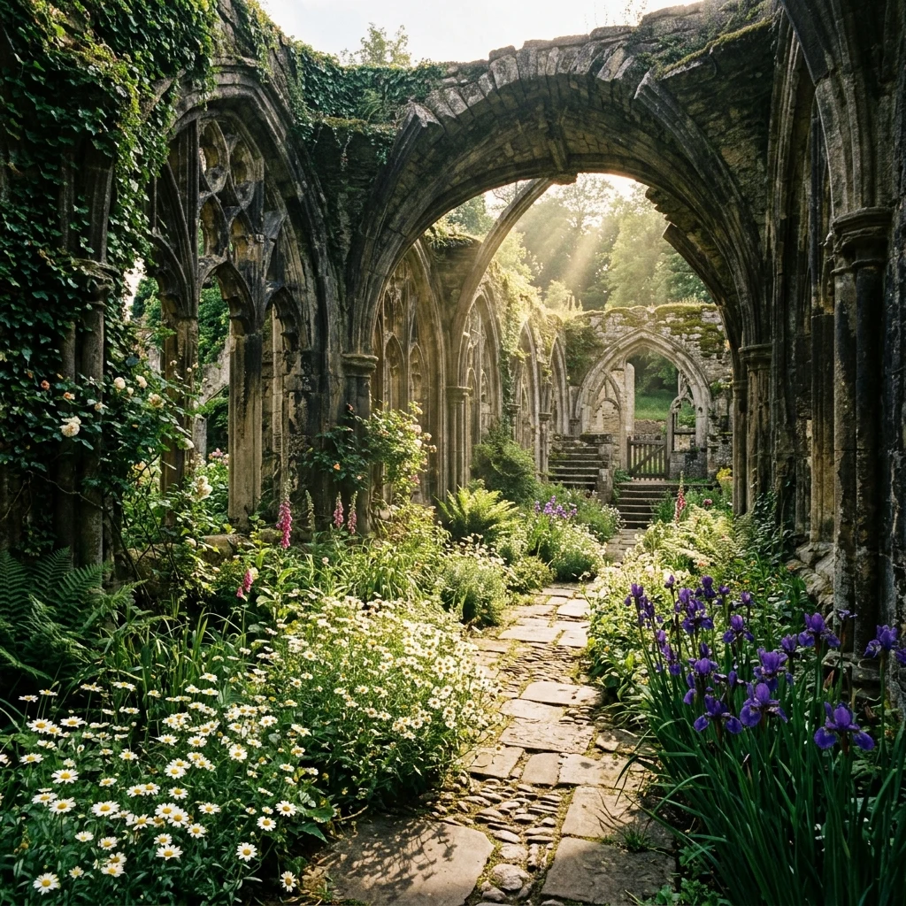 Wildflowers blooming in an ancient stone ruin