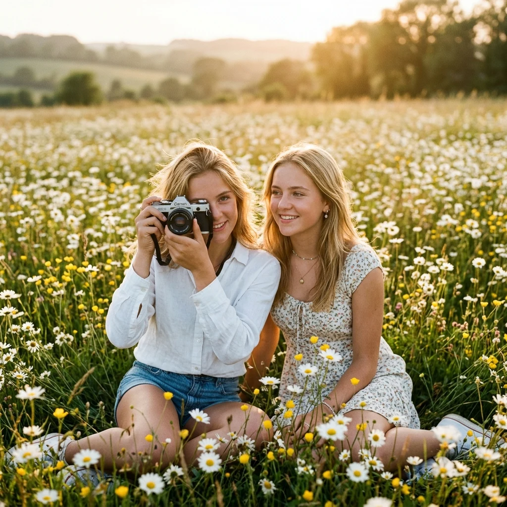 Identical female twins in their teens sitting in a field of daisies
