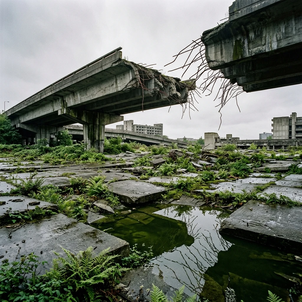 An overgrown brutalist city square in advanced urban decay