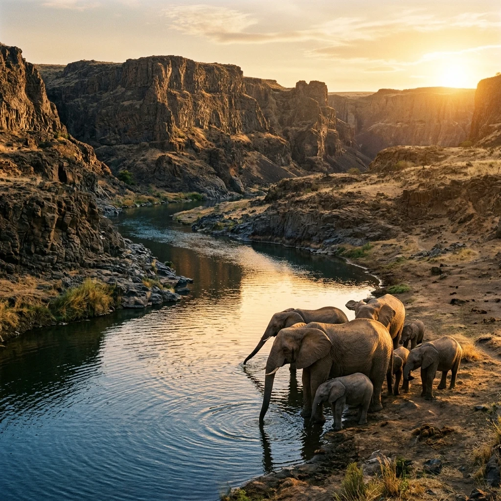 A herd of elephants drinking from a river gorge carved deep through the basalt rock of…
