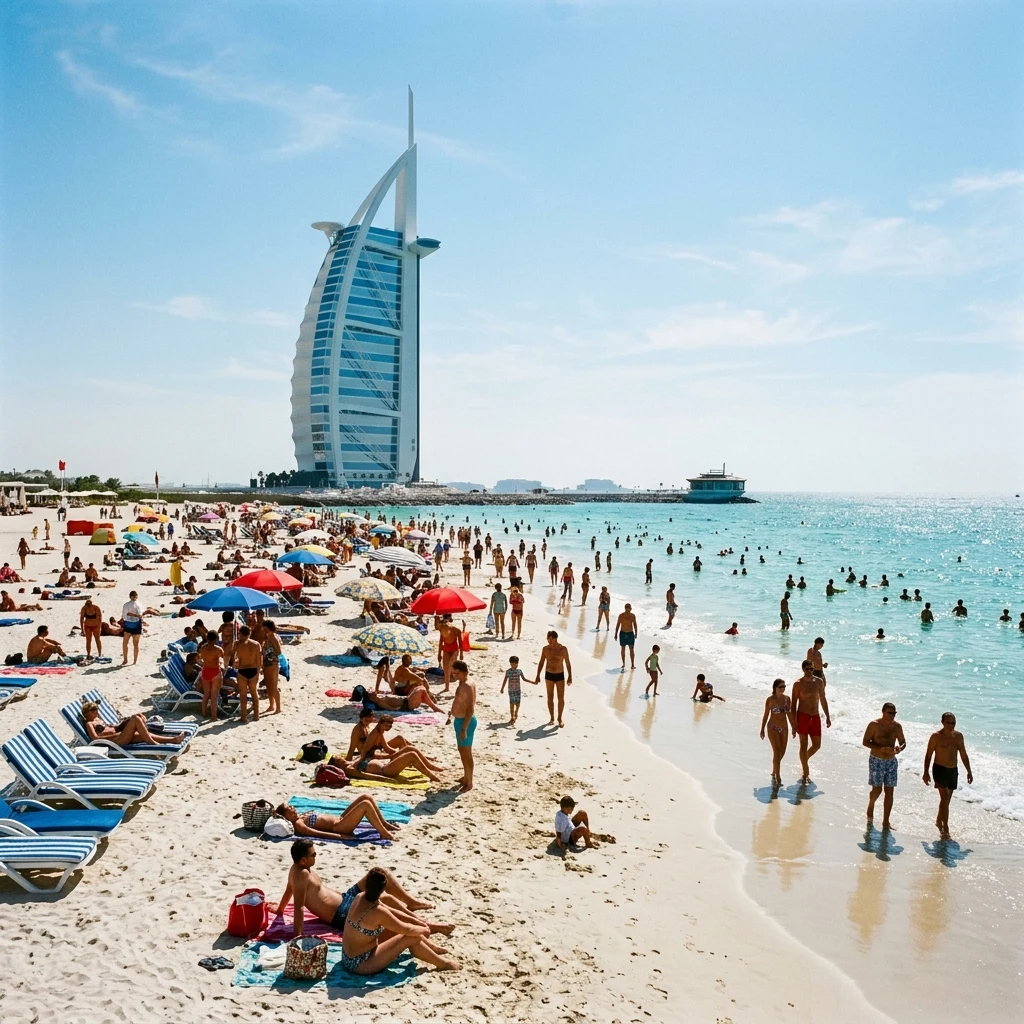 A crowded shore at Jumeirah Beach in Dubai