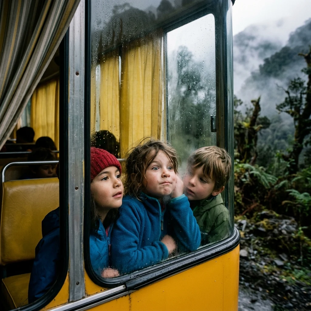 Children looking out a school bus window