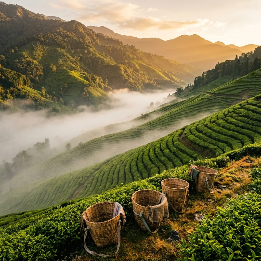 A hillside tea plantation at first light
