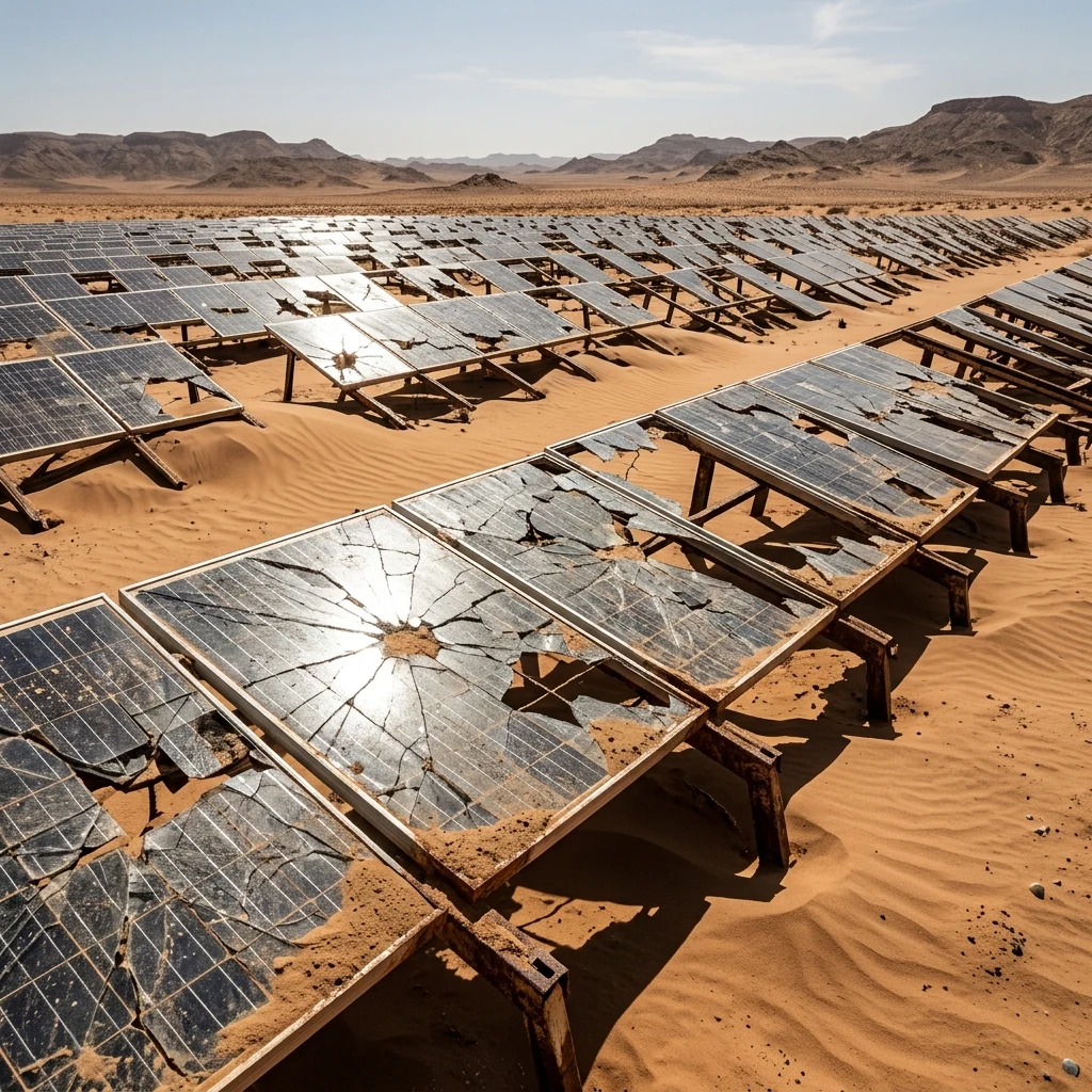 A wind-scoured solar array with panels cracked and half-buried in sand