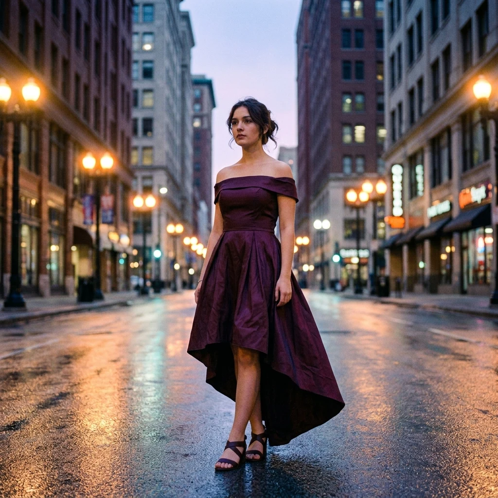 Elegant evening stroll on a rainy city street