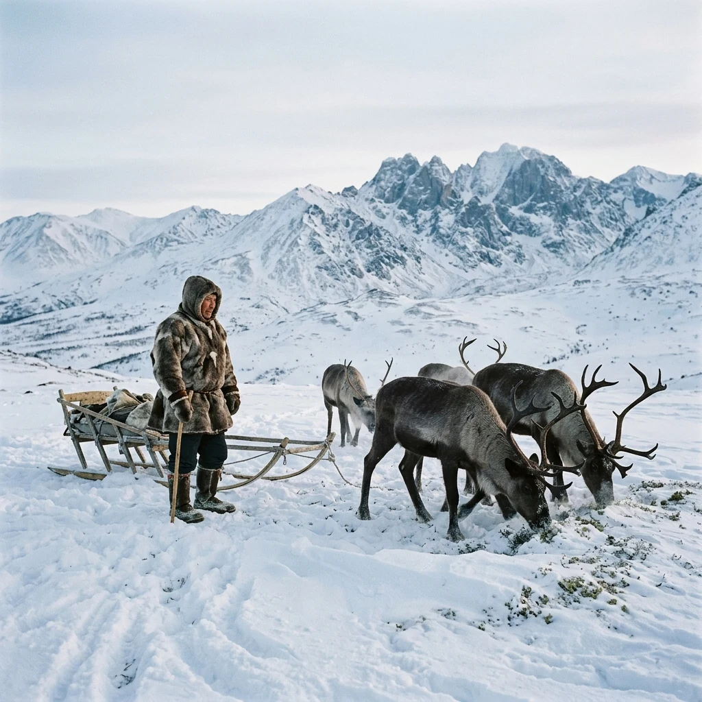 Reindeer herd in a snowy mountain valley