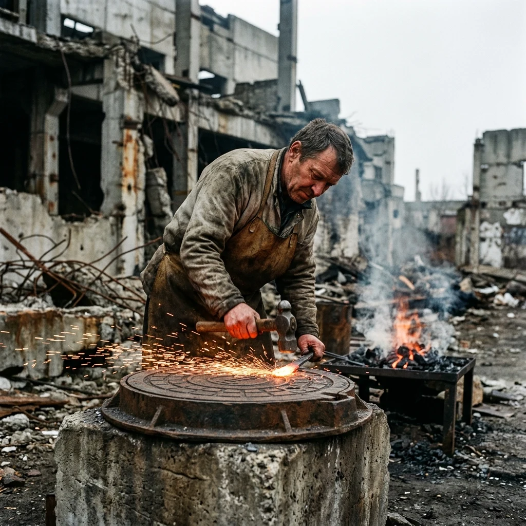 A survivor using a heavy iron manhole cover as an anvil