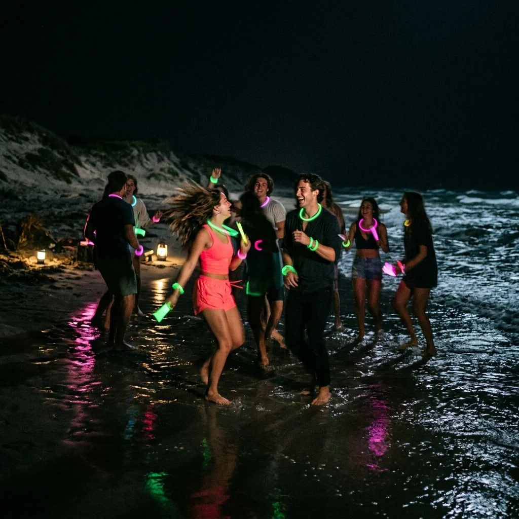 Friends dancing on the beach at night