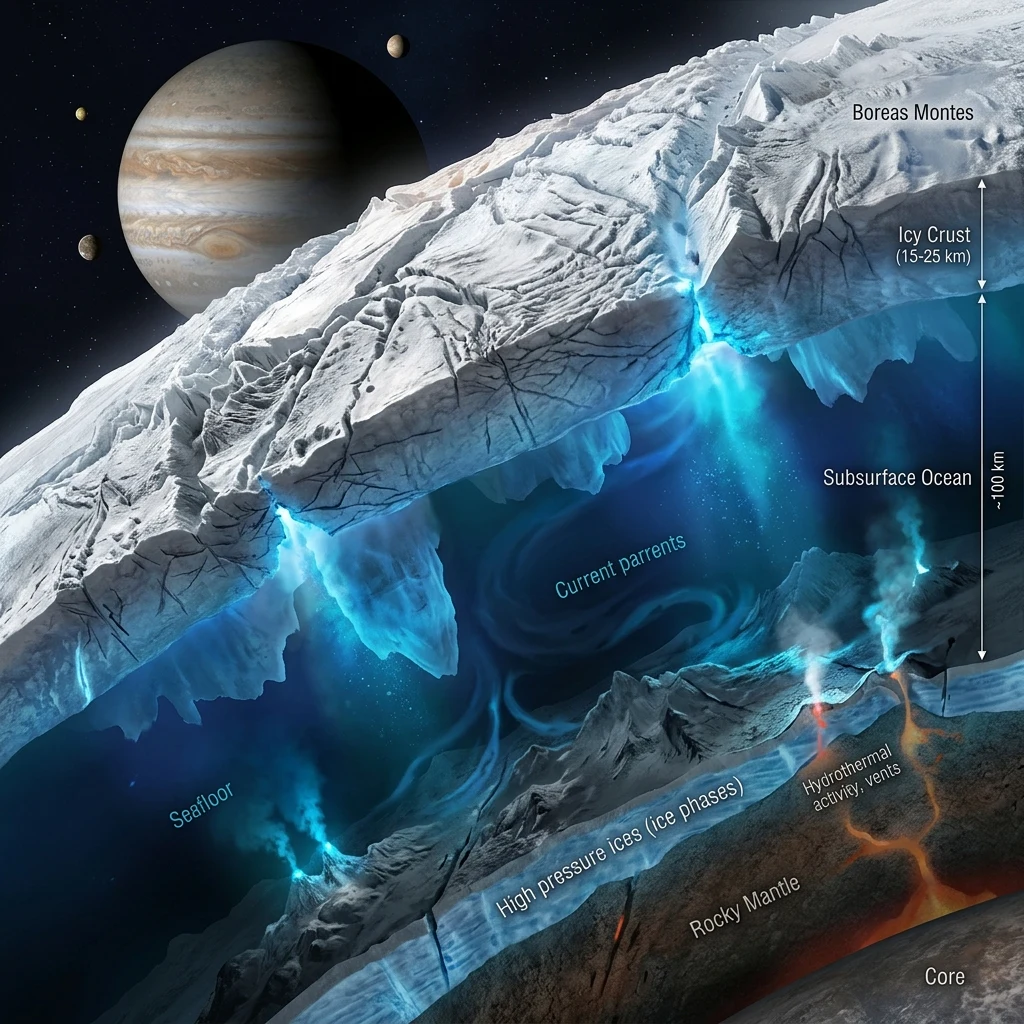 A technical cutaway diagram showing subsurface liquid water oceans driving tectonic…
