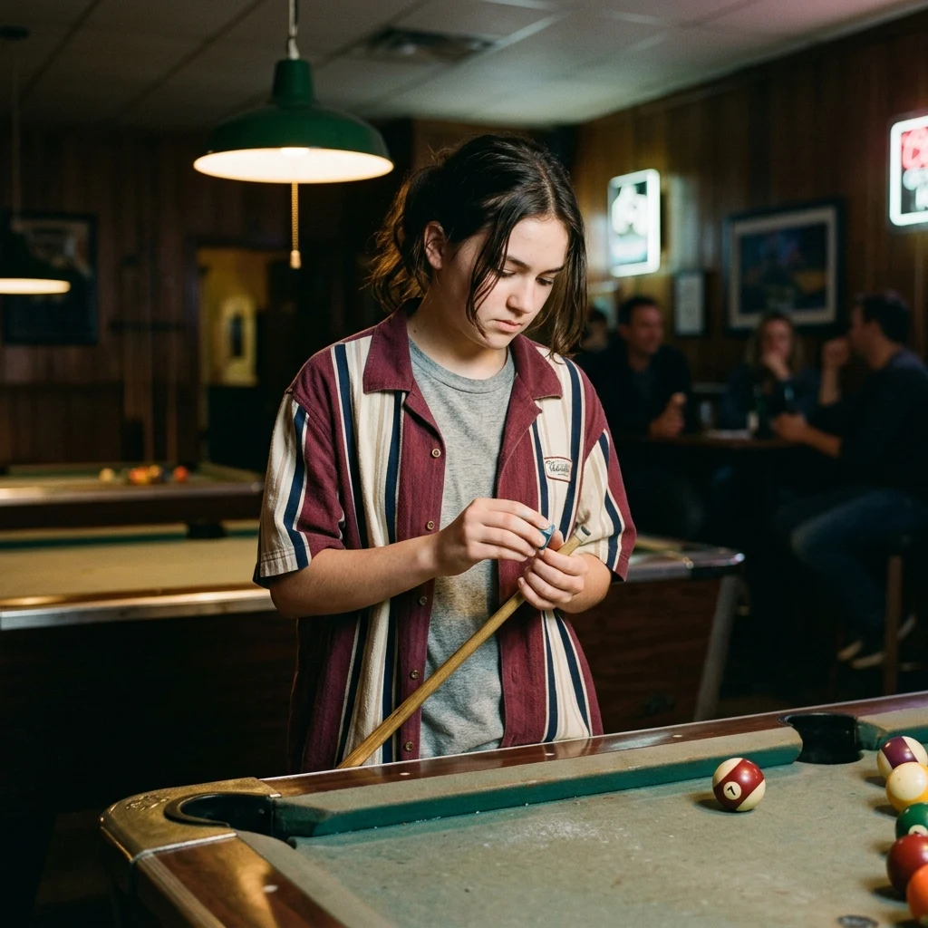 A teenage girl in an oversized bowling shirt chalking her cue stick under a warm…