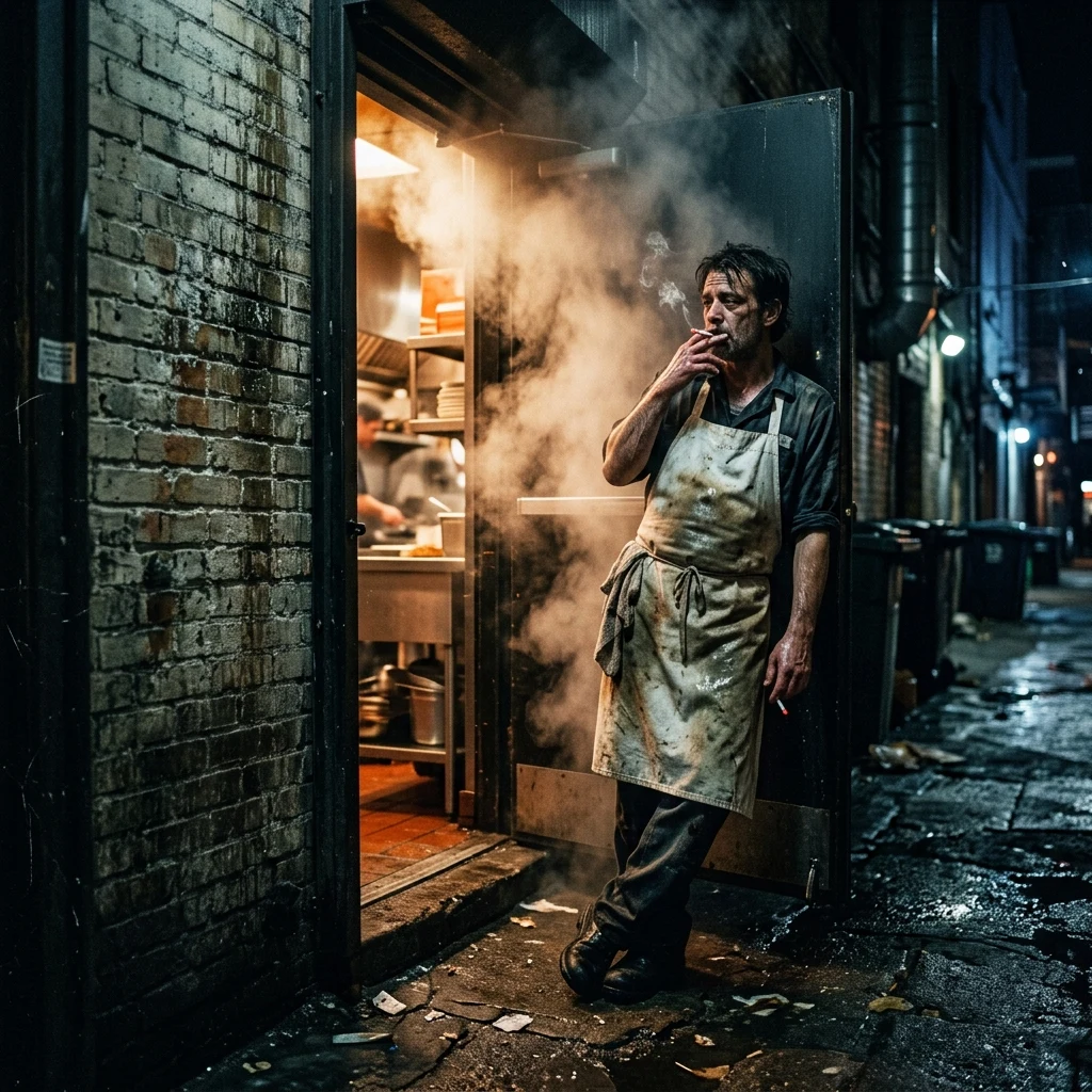 Person resting in a dark alleyway