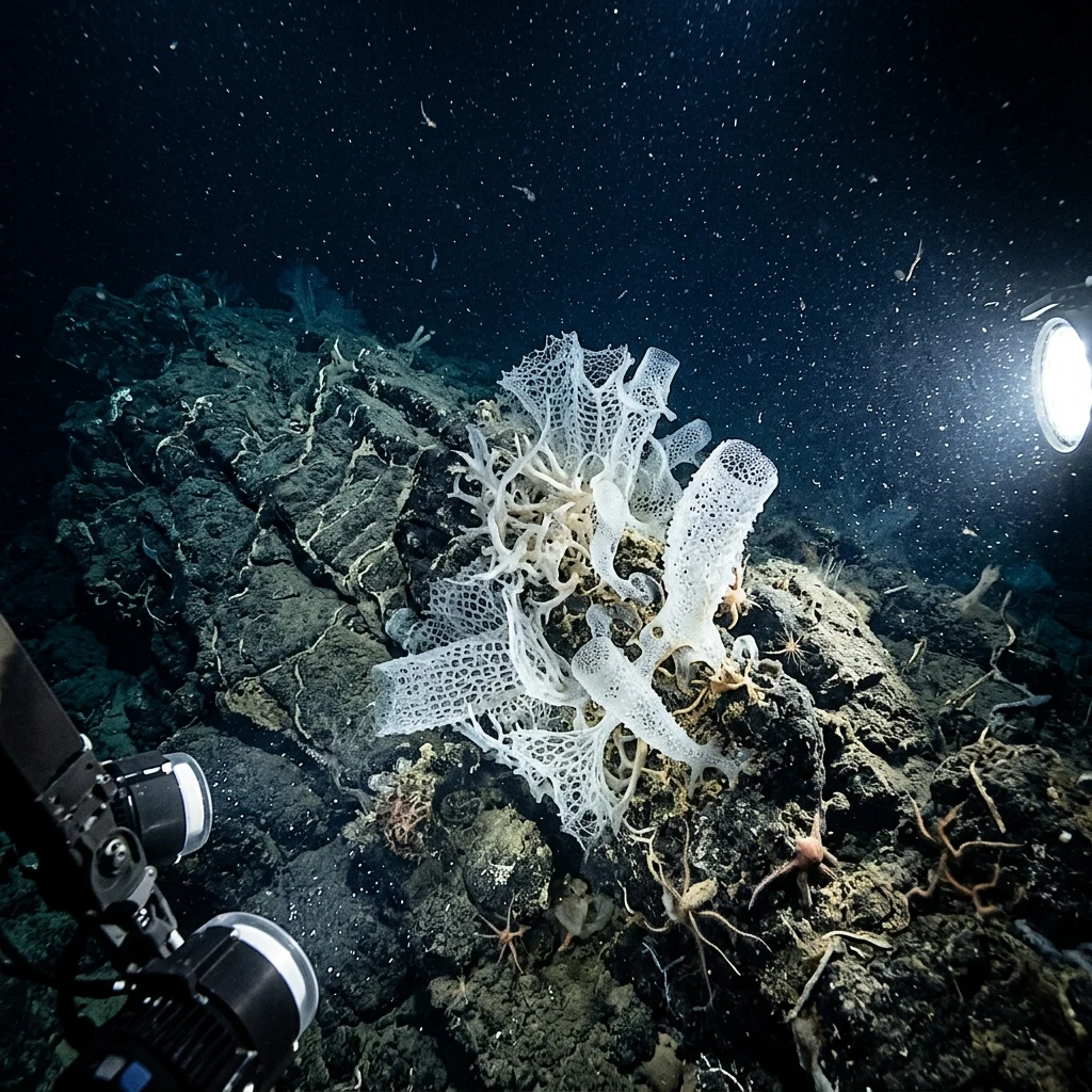 An underwater photograph of deep-sea glass sponge reefs on a plateau of the Lord Howe Rise