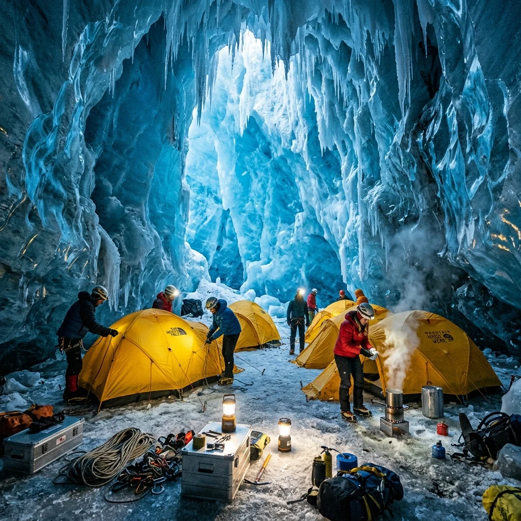 A scientific expedition setting up a remote basecamp inside an enormous ice cave system…