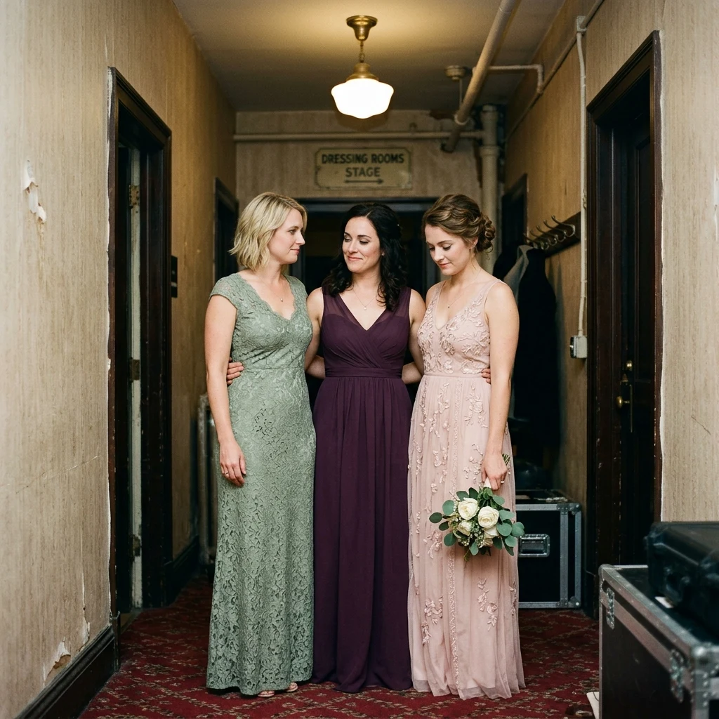 Three adult sisters in formal dresses standing shoulder-to-shoulder in the backstage…