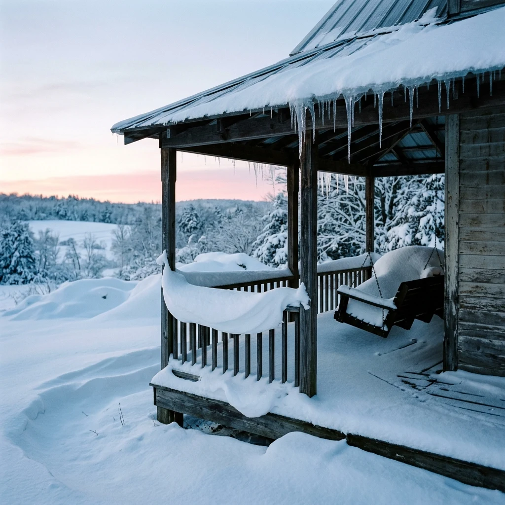 Winter morning on a farmhouse porch